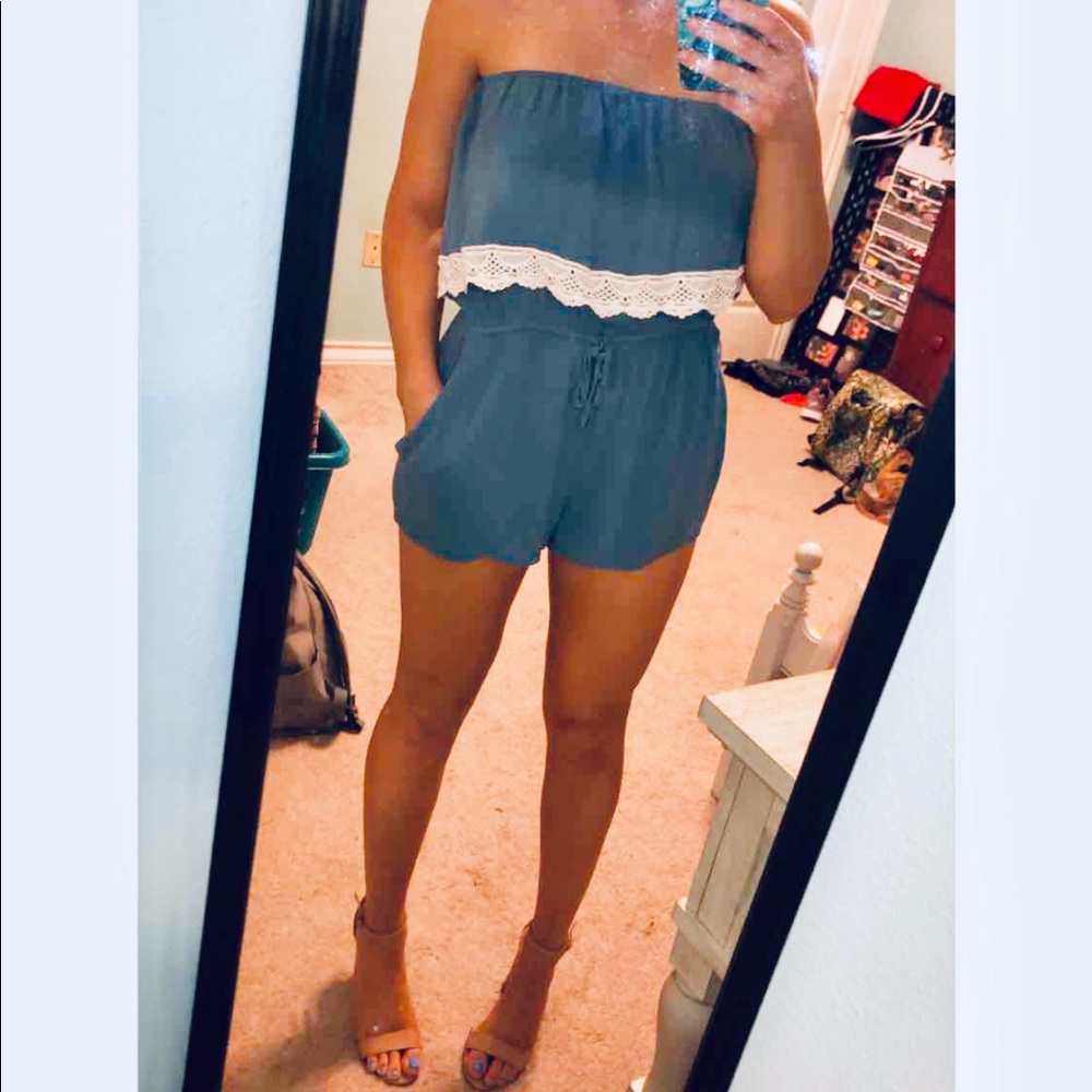 Dusty Blue & Lace Romper